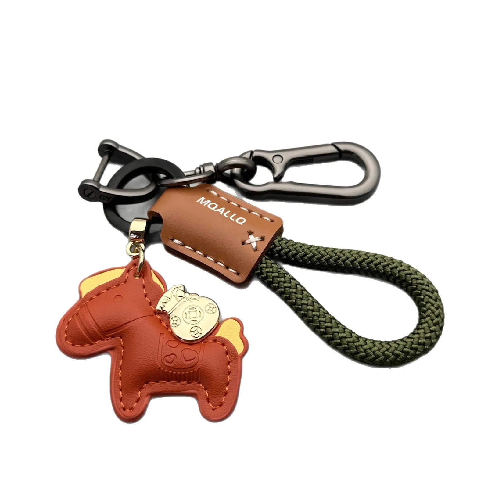 Cowhide car key ring pendant with zinc alloy pony belt buckle on flanelle rope in various colour options