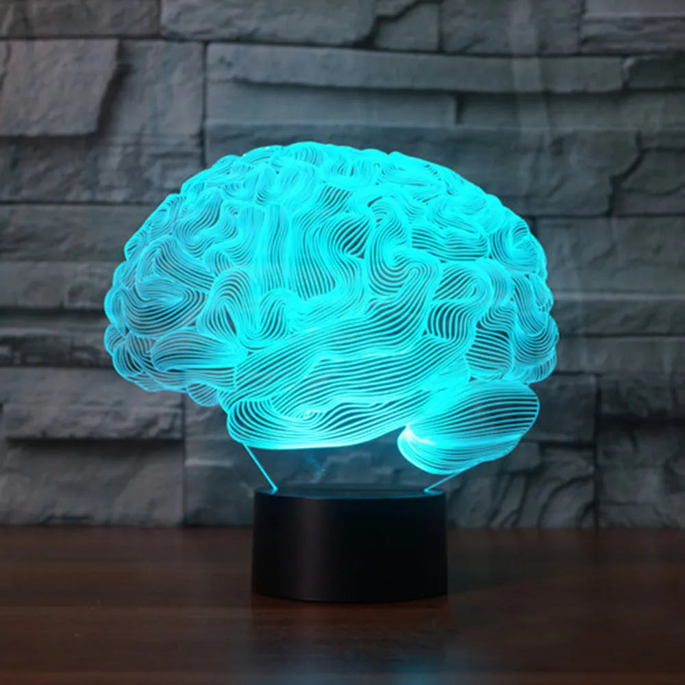 3D brain design acrylic illusion lamp with LED lights on a black ABS base, showing colourful light projection.