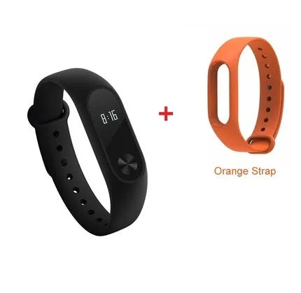 Black Xiaomi Mi Band 2 fitness tracker with OLED screen on a wrist.
