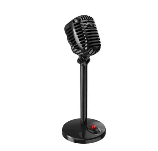 Black USB computer microphone on an adjustable stand with a weighted base.