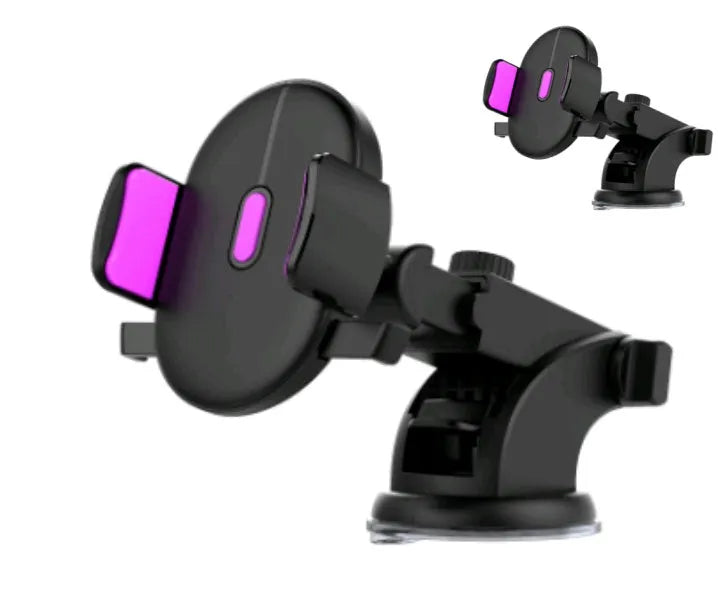 Yellow and black telescopic car phone holder with suction cup mounted on a car dashboard