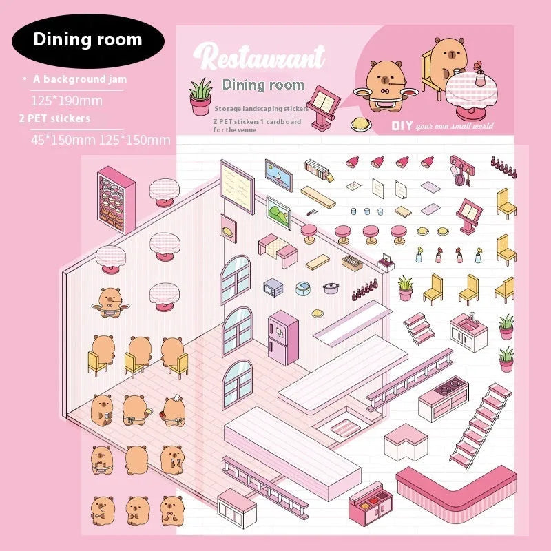 Capabala cut-free PET cartoon stickers showing eight different scene designs including a pink restaurant and a blue fruit shop