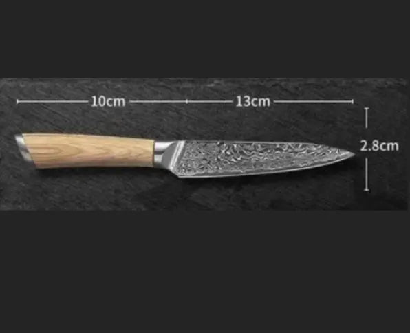 Damascus 12-piece kitchen knife set showing layered steel pattern on various blade sizes from 3.5-inch to 9-inch