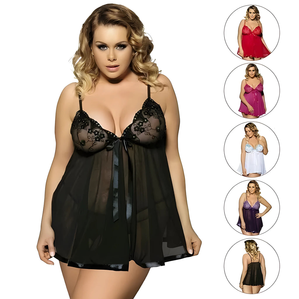 Women's plus size black mesh and lace lingerie sleep dress on a hanger.