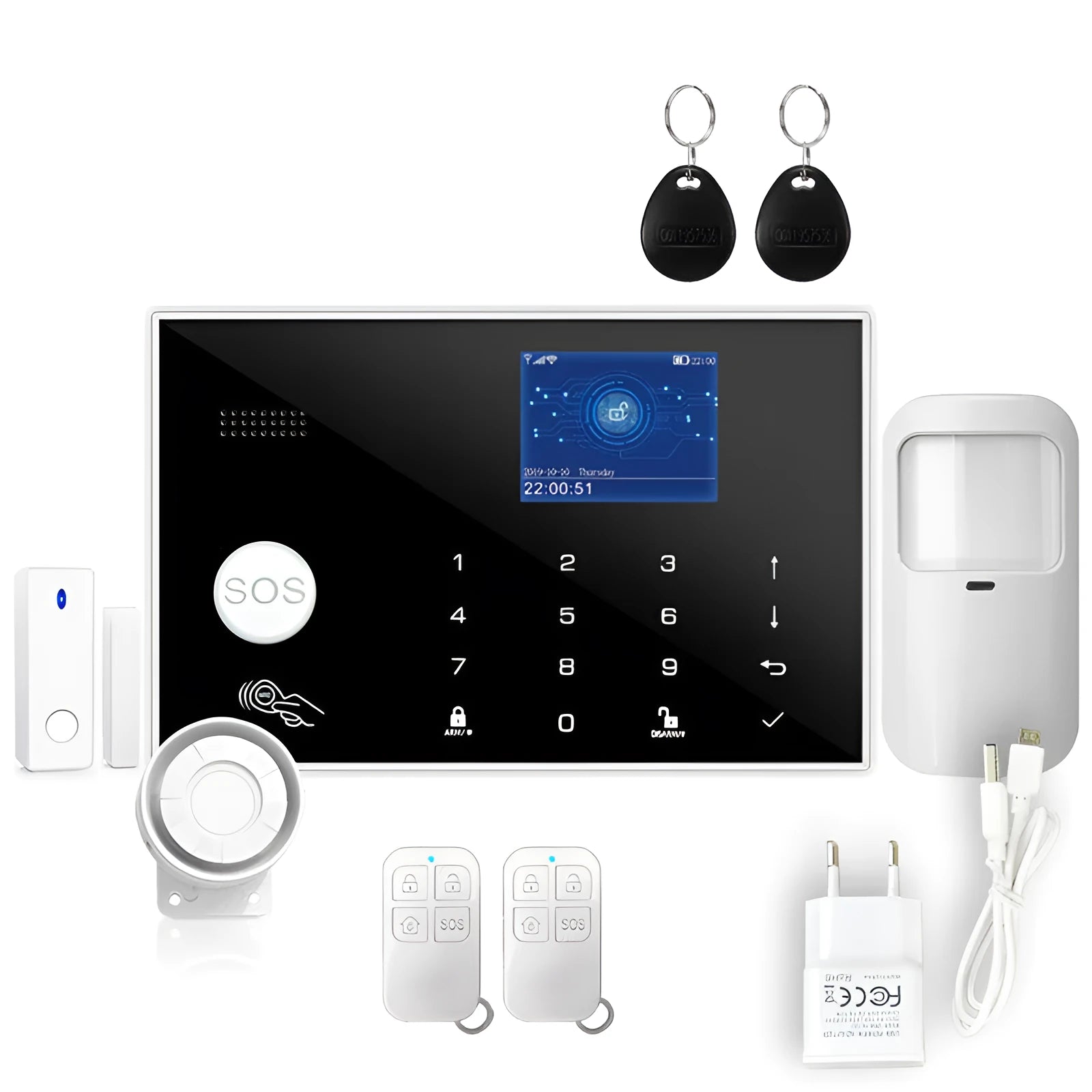 Intelligent WiFi GSM Touch Button Household Alarm Host unit with display and touch controls.