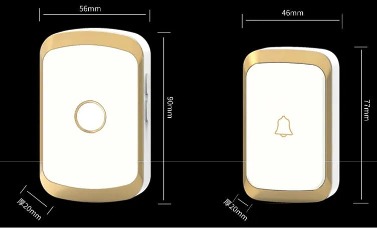 A10 and A20 model wireless doorbell kits showing receiver, transmitter, and colour options of black, white, gold, and silver.