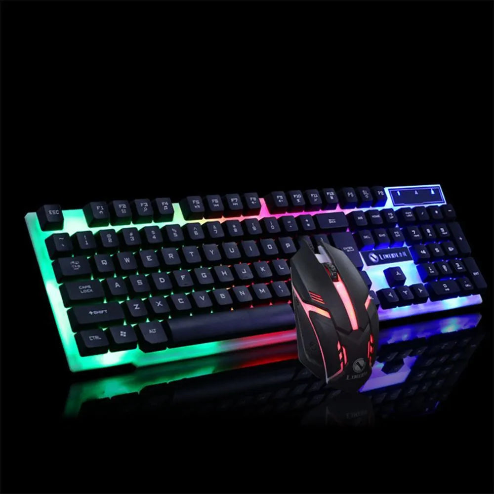 GTX300 black and white gaming keyboard and mouse set with backlit lighting on desk