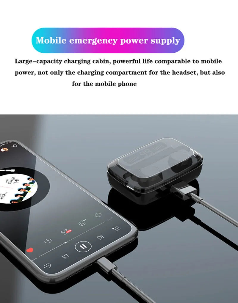 Black M11 Bluetooth wireless headset with charging case and integrated mobile phone holder.
