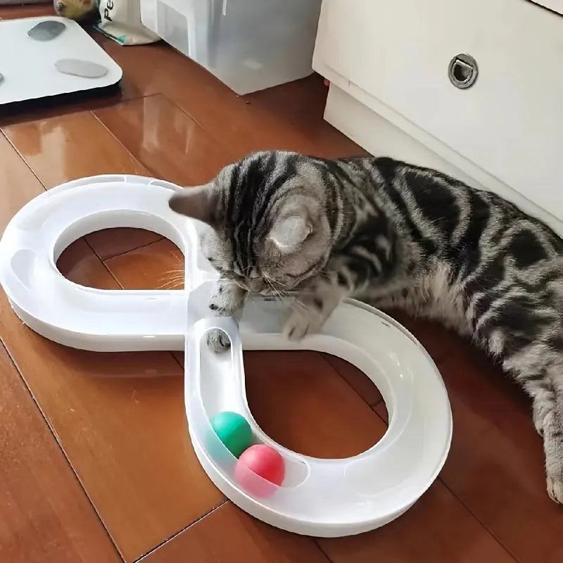 Blue and white cat toy turntable track with ball and teasing stick measuring 50cm length