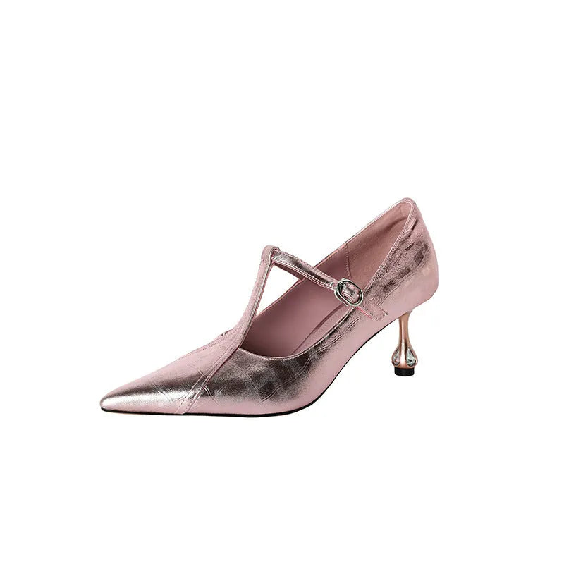Genuine leather Mary Jane pumps with a chunky heel in gun colour and pink.