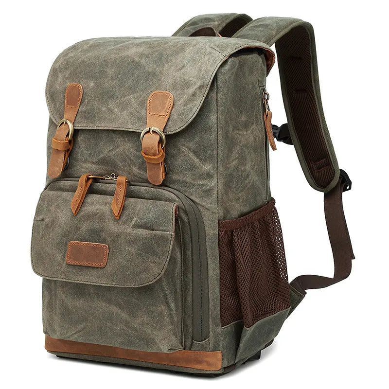 Canvas DSLR camera backpack in khaki colour showing organised storage compartments