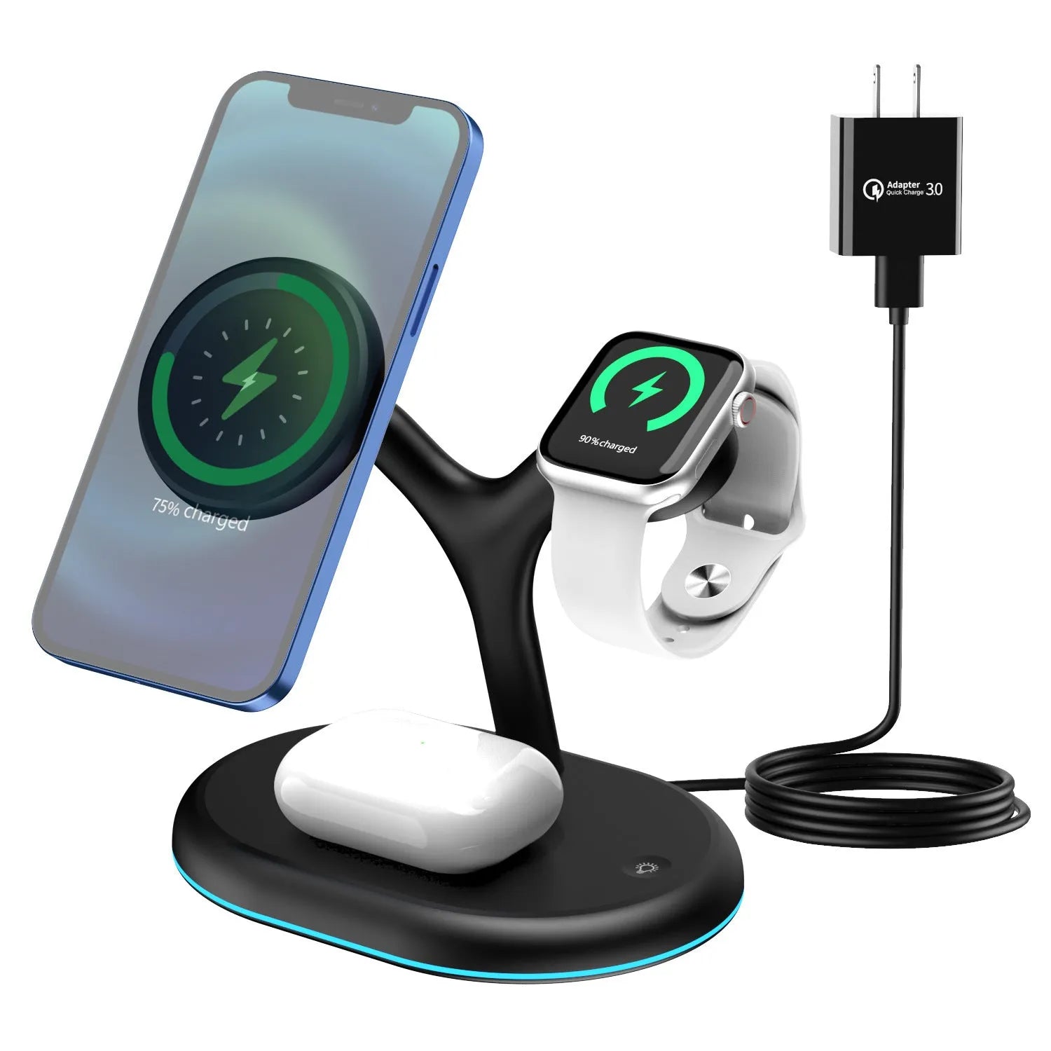 Black minimalist magnetic wireless charger for iPhone MagSafe on a table.
