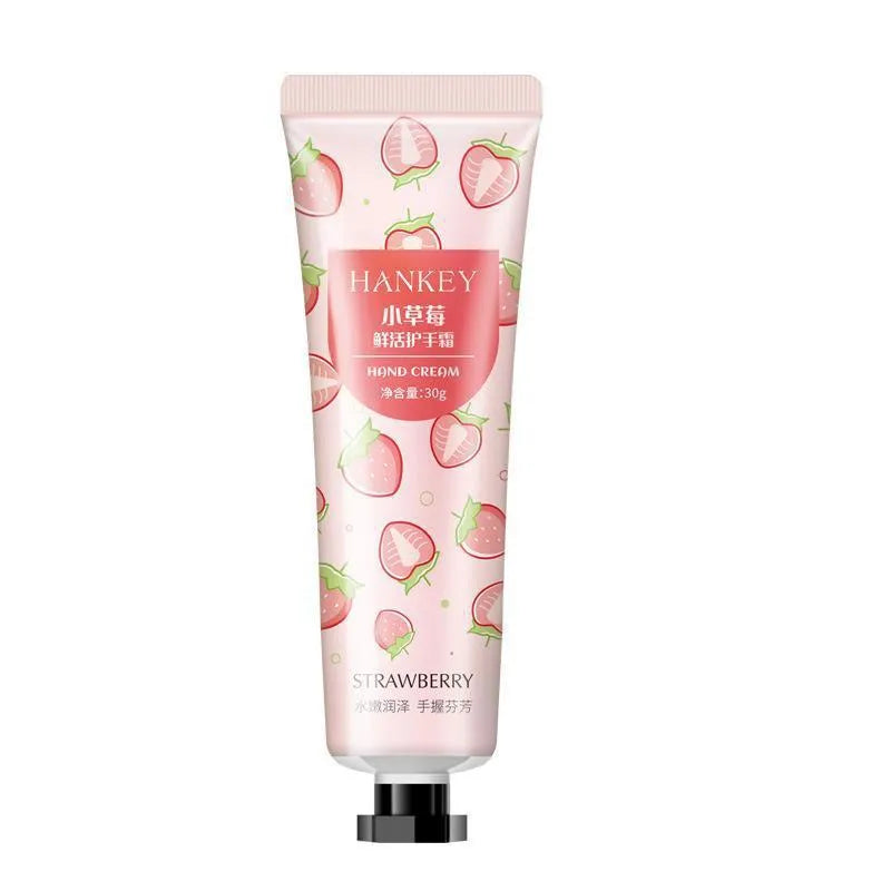 30g tube of fruit-infused hand cream for dry skin, available in Avocado, Rose, and Green Tea Seed variants.
