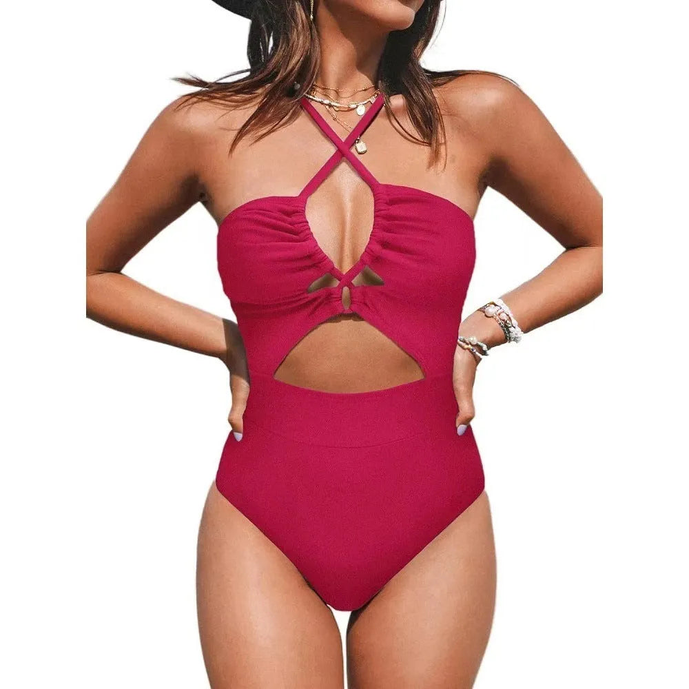 Women's solid colour backless one-piece swimsuit in polyester