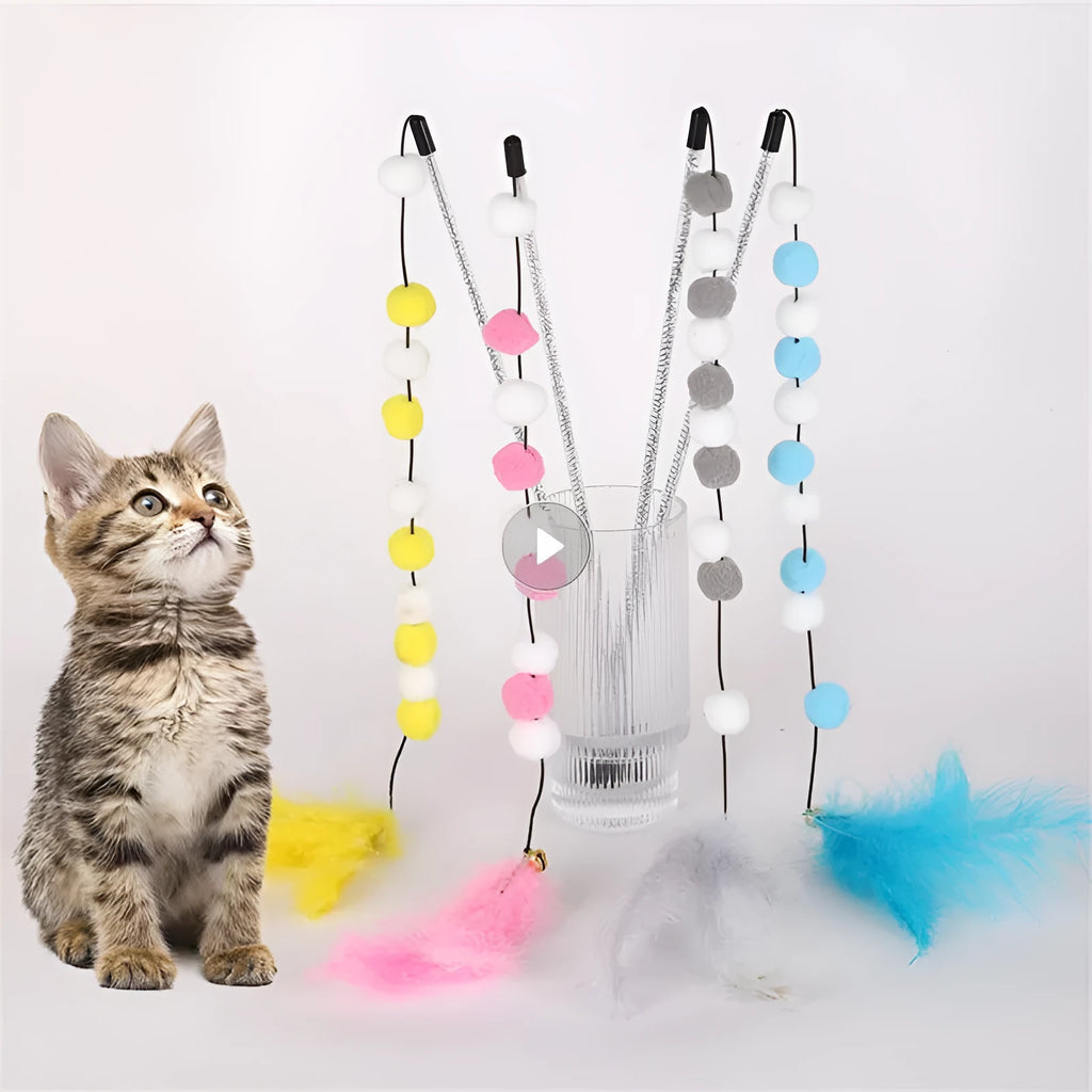 31cm long cat teaser toy rod with colourful pompon feather head and bell