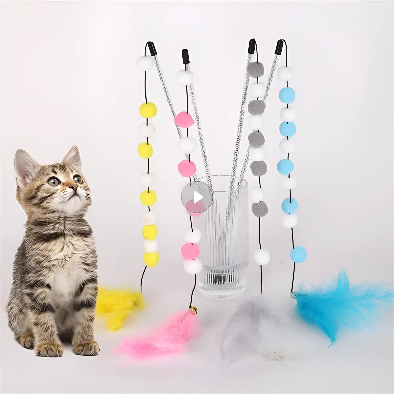 31cm long cat teaser toy rod with colourful pompon feather head and bell