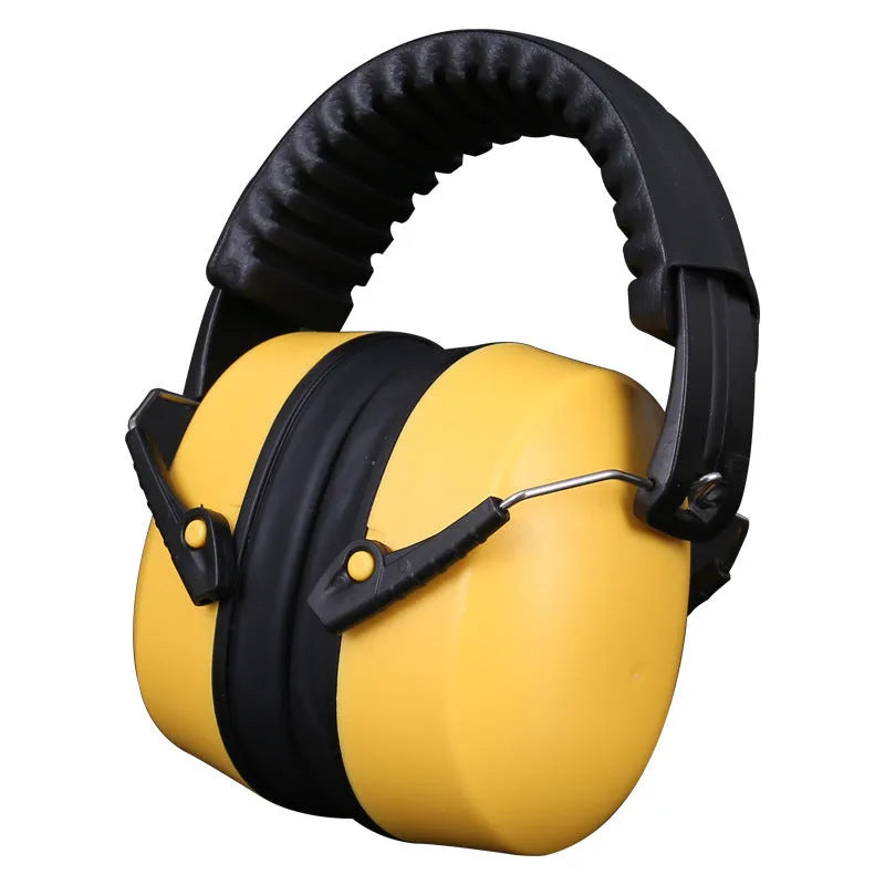 Orange head-mounted noise-cancelling headphones and protective earmuffs with adjustable elastic headband