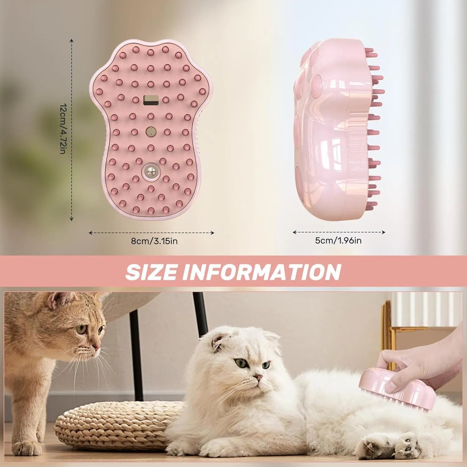 Blue self-cleaning cat steam brush with silicone bristles and a water spray function.