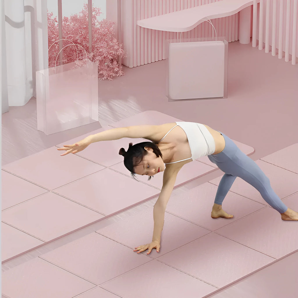Folding purple TPE gymnastic mat, shown unfolded and folded into six sections