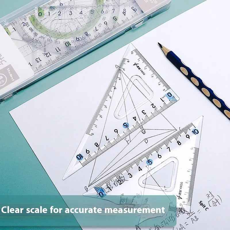Transparent acrylic ruler set with square protractor for technical drawing and measurement