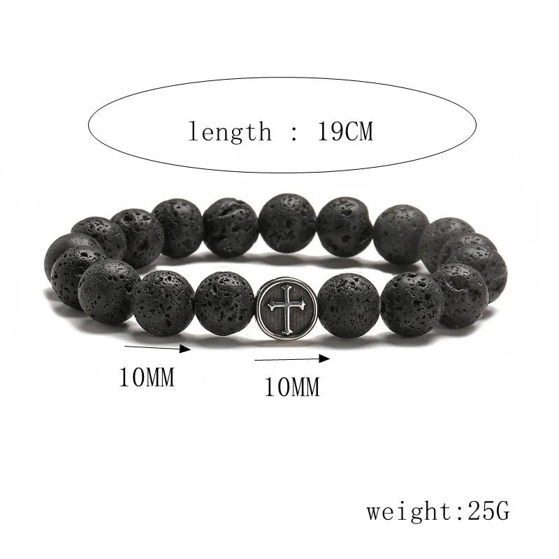 Geometric volcanic rock agate bracelet in Volcano colour with stainless steel, showing 10mm stone and 19mm size.