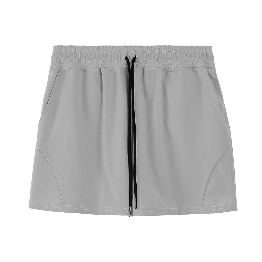 Men's grey polyester basketball shorts with elastic waistband on a white background.