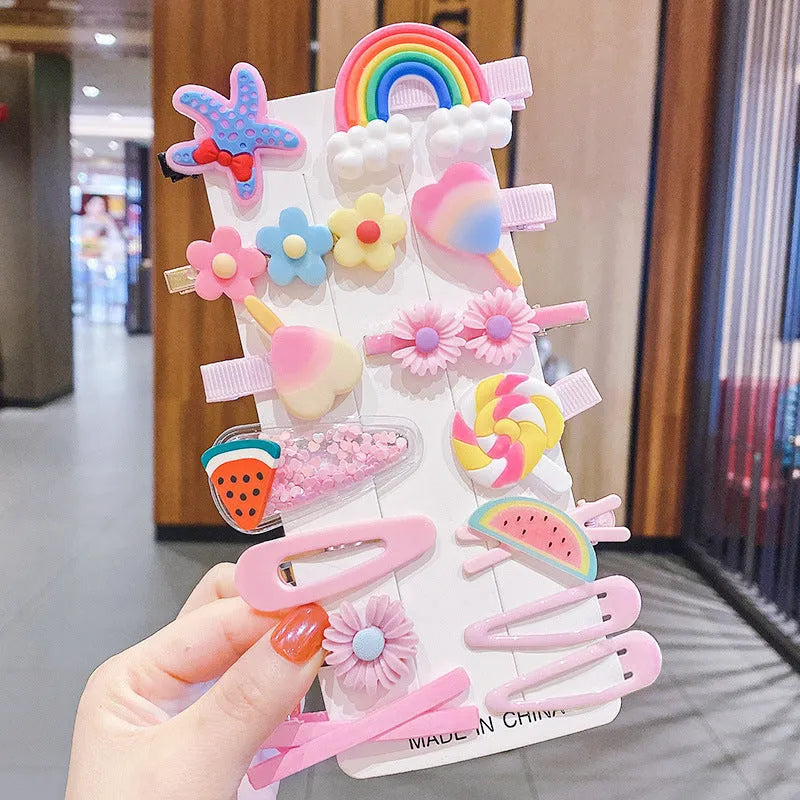 14 piece toddler hair accessories set with rainbow, candy fruit, and butterfly designs in bright colours