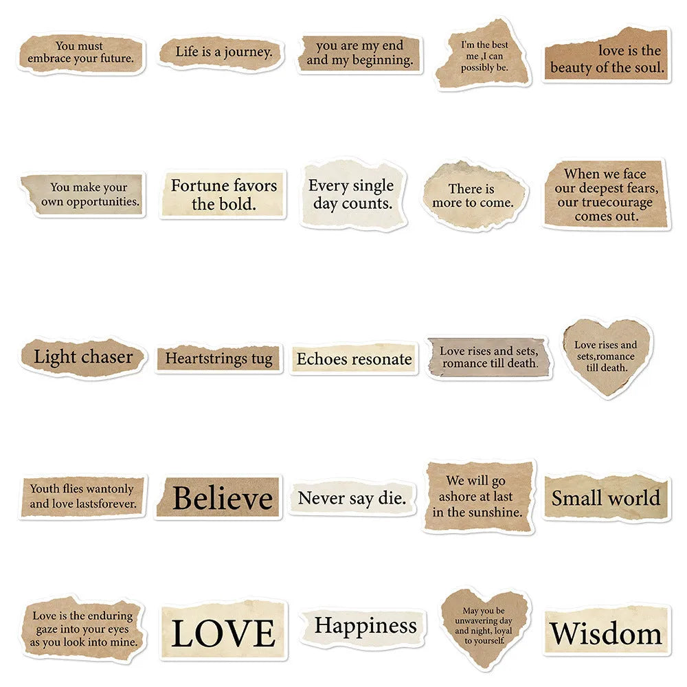 Torn English decorative stickers in waterproof PVC material sized 4-7 cm