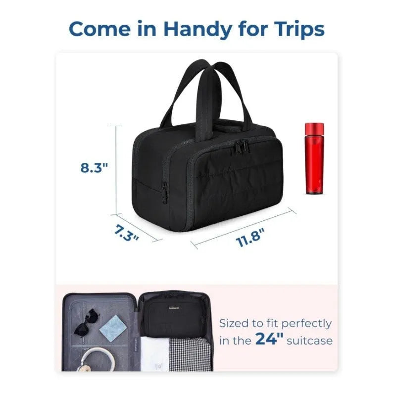 Large polyester travel wash bag with wide opening in black colour showing dimensions of 29.97 x 18.54 x 21.08cm