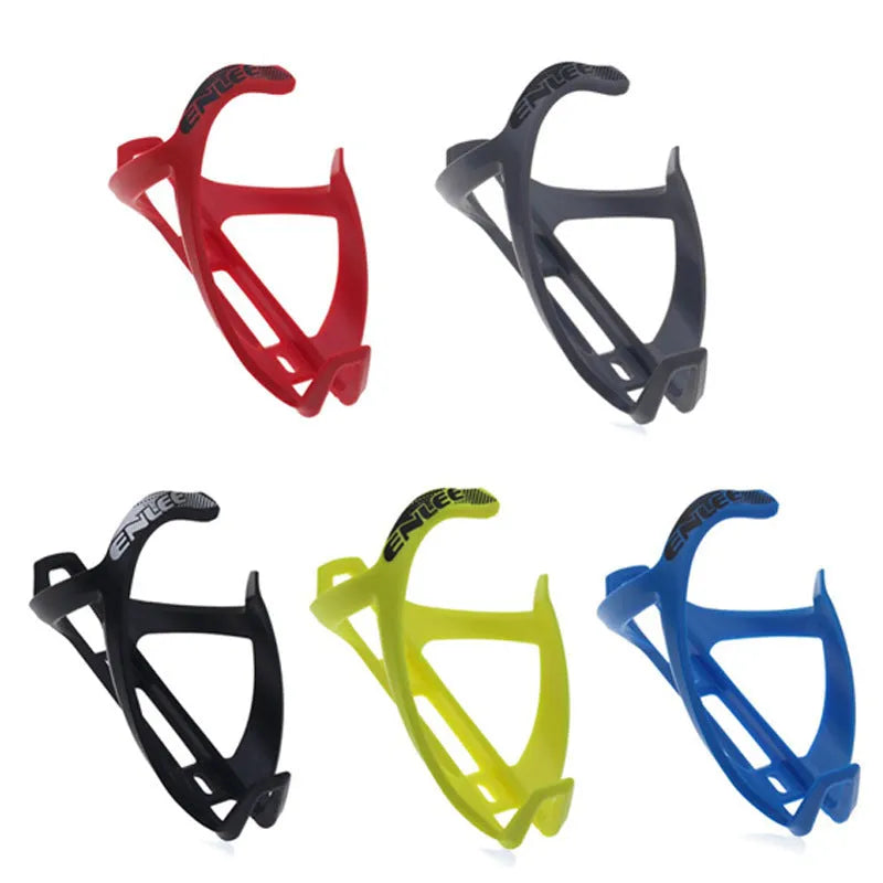 TPR plastic mountain bike water bottle cage shown in fluorescent yellow and other colour options.