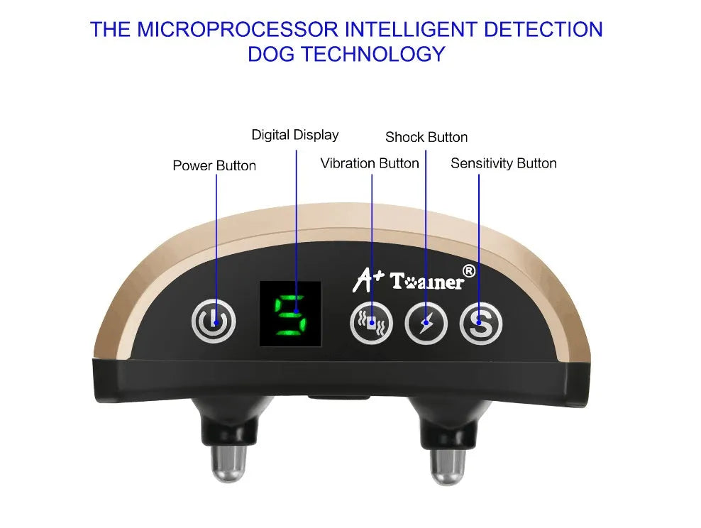 Electronic dog training bark collar with digital display on a black adjustable reflective strap.