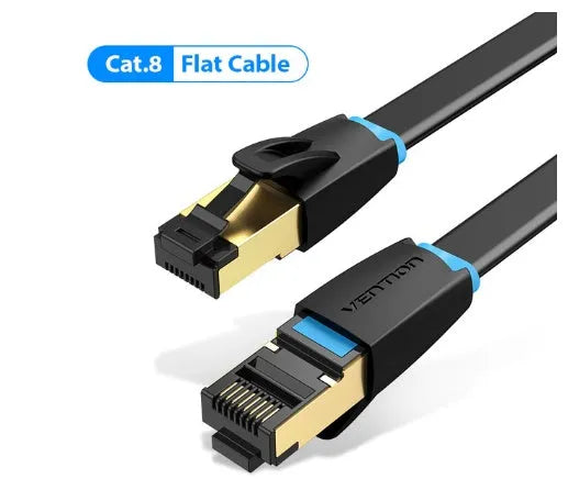 CAT8 shielded flat and round Ethernet network cables in various lengths from 0.5m to 10m with gold RJ45 connectors.