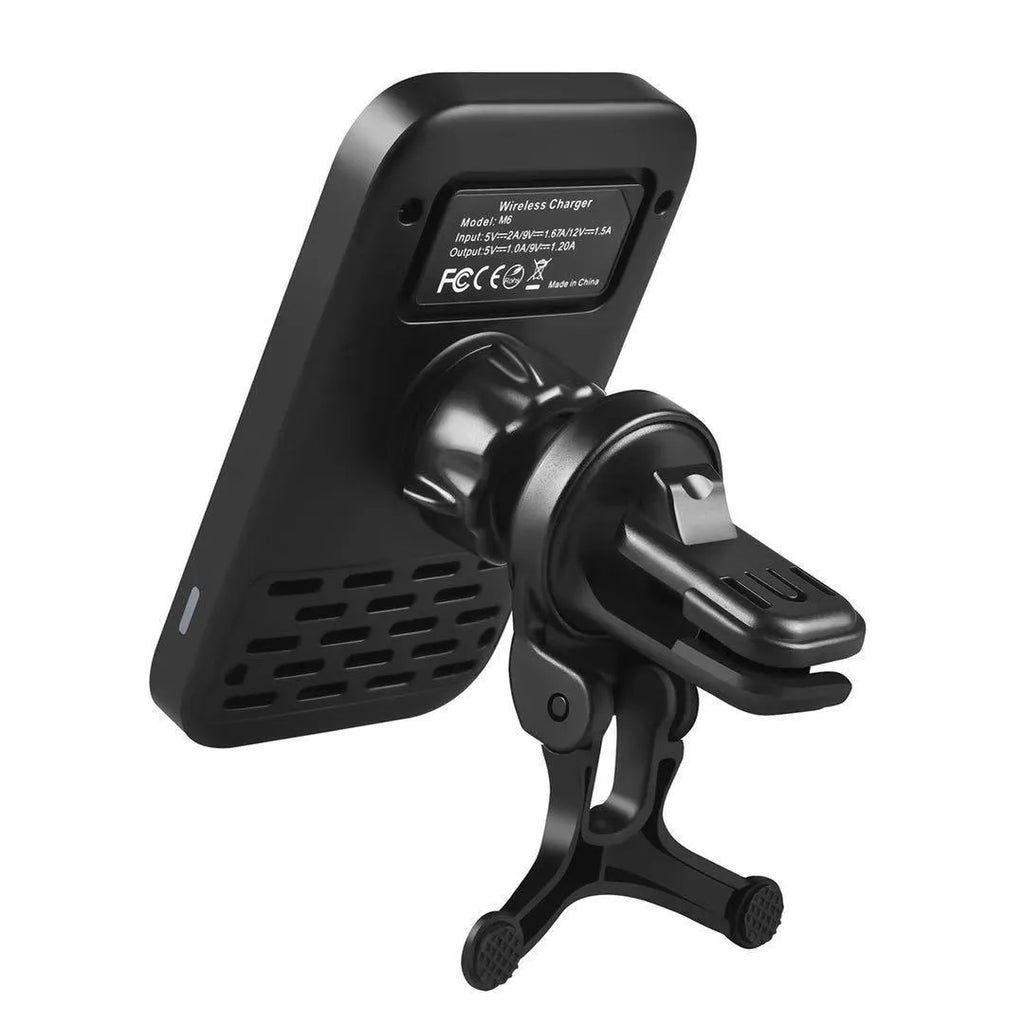 Black M6 magnetic wireless car charger mounted on vehicle dashboard with phone attached