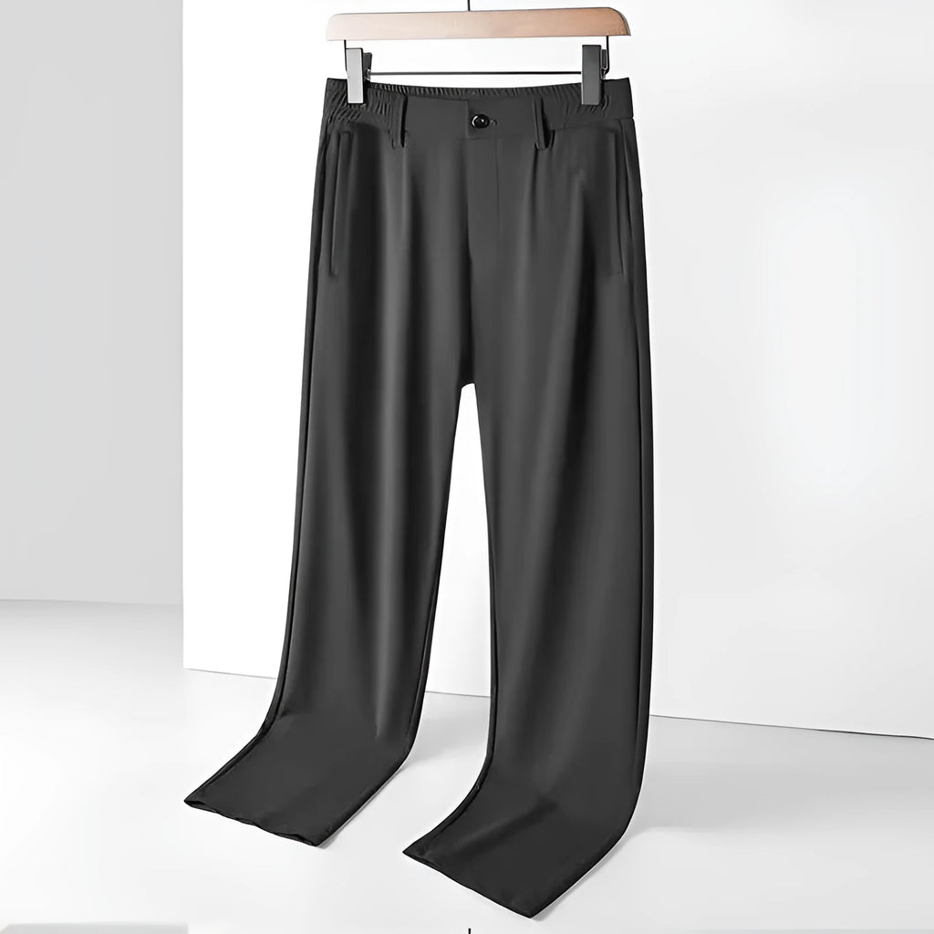 Men's straight-cut Ice Silk leisure trousers in black with an elastic waistband, shown laid flat.