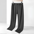 Men's straight-cut Ice Silk leisure trousers in black with an elastic waistband, shown laid flat.