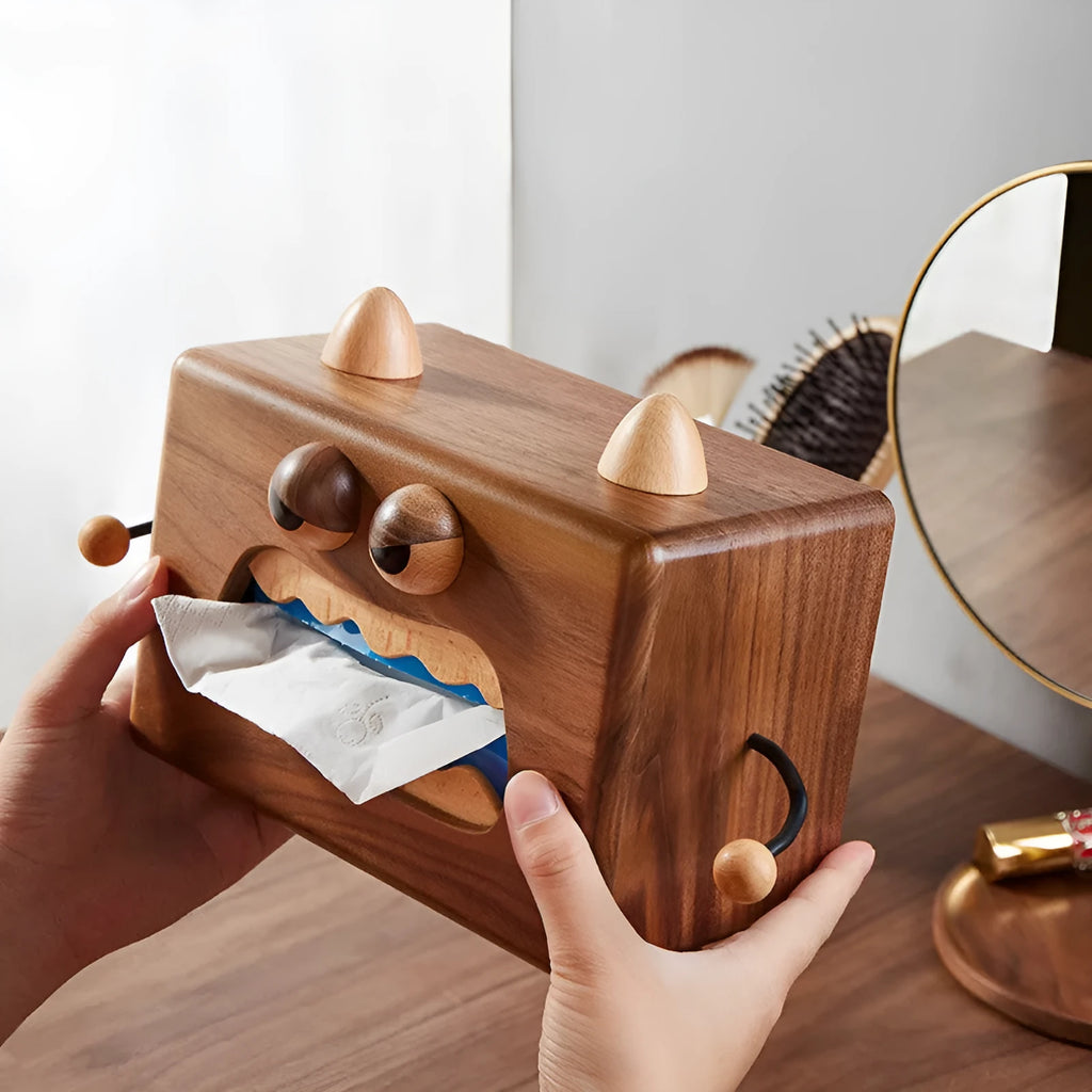 Cartoon little monster wooden tissue box in walnut beech colour measuring 190x104x125mm