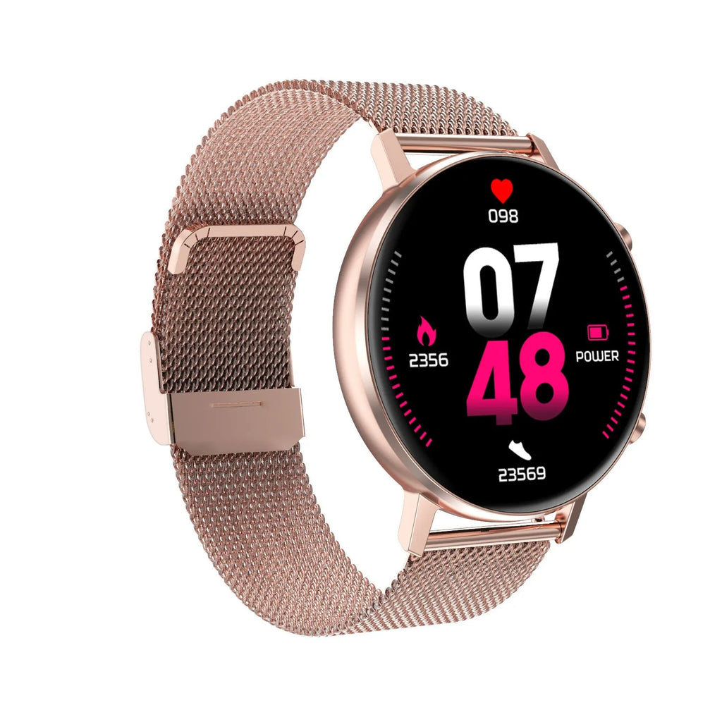 DT96 smart fitness bracelet with steel strap on wrist, showing 1.3 inch screen displaying time.