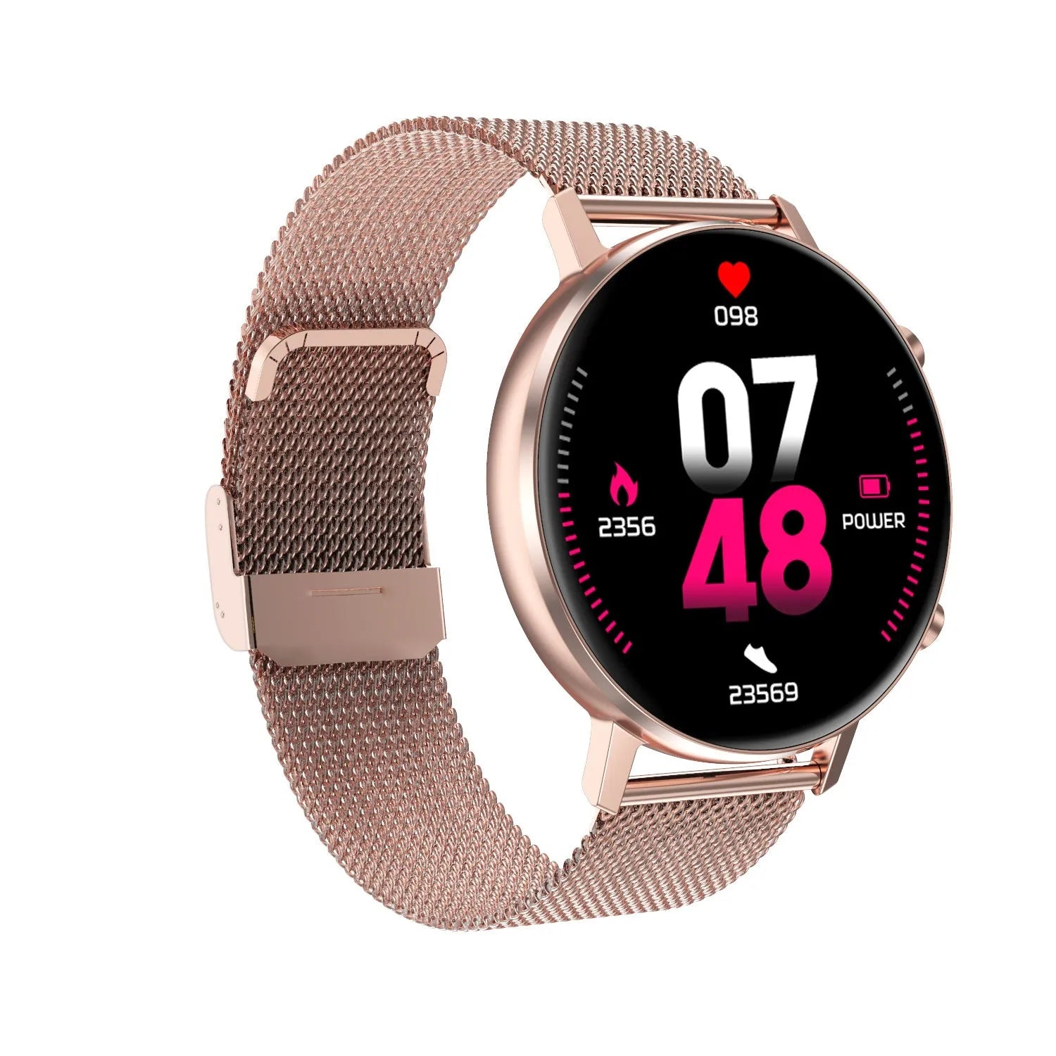 DT96 smart fitness bracelet with steel strap on wrist, showing 1.3 inch screen displaying time.