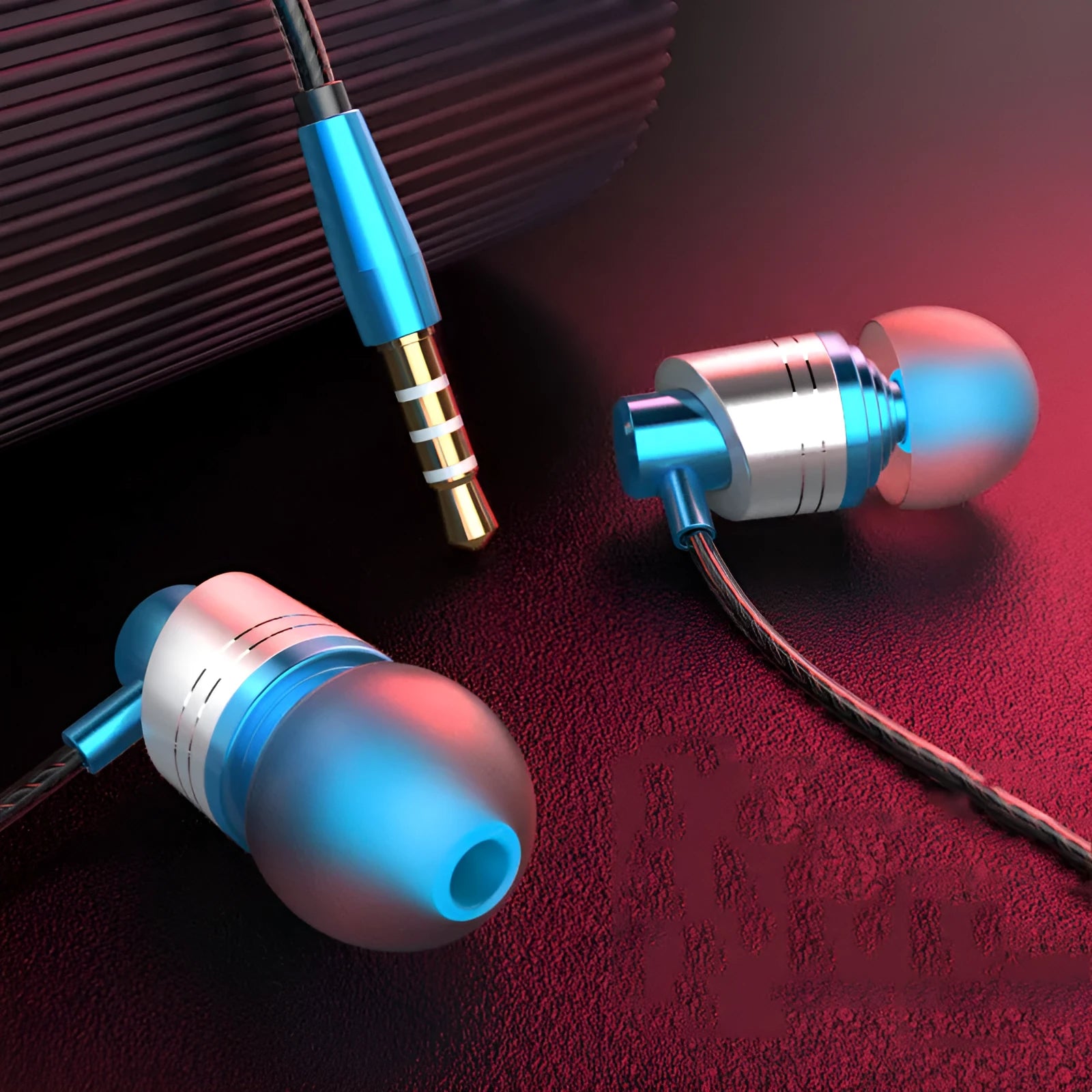 3.5mm wired in-ear headphones with metal subwoofer, microphone and 1.2m cable in black, blue or red colours