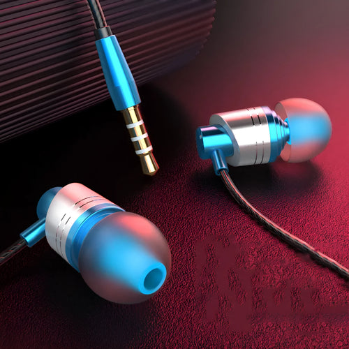 3.5mm wired in-ear headphones with metal subwoofer, microphone and 1.2m cable in black, blue or red colours