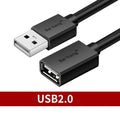 USB 3.0 and USB 2.0 male-to-female extension cable with black PVC sheathing showing connector details