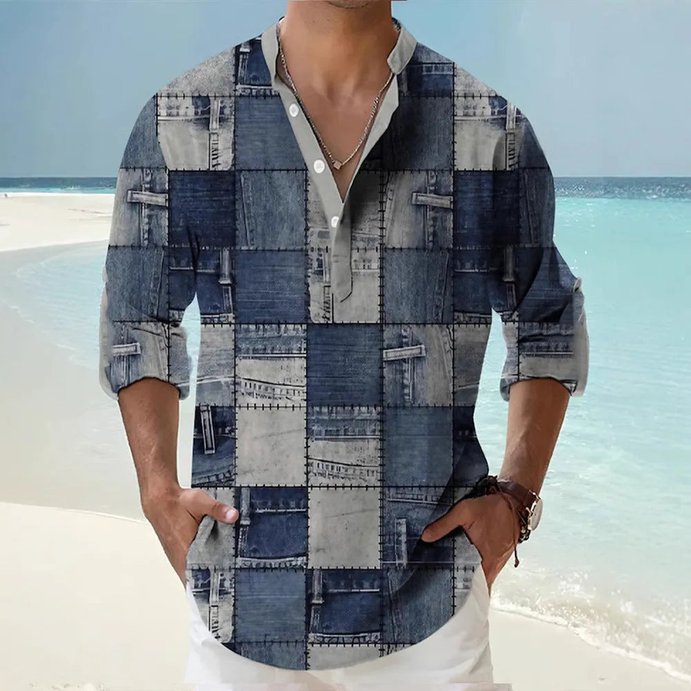 Man wearing casual long sleeve Hawaiian shirt with digital stripe pattern in bamboo linen blend
