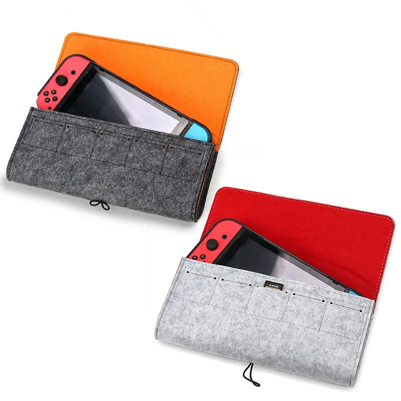 Black felt Nintendo Switch carrying pouch with game card slots and double compartments.