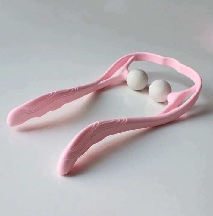 Blue plastic hand roller neck massager with adjustable stand and removable massage heads on a white background