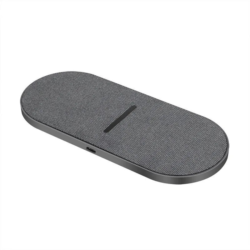 Black wireless charger pair with two charging pads for simultaneous phone and earbuds charging