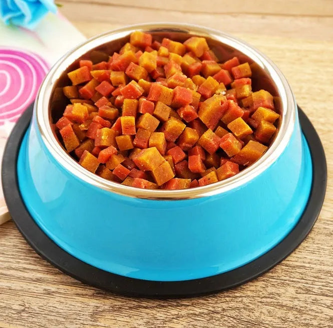 Stainless steel pet bowl with colourful melamine pot and non-slip rubber base