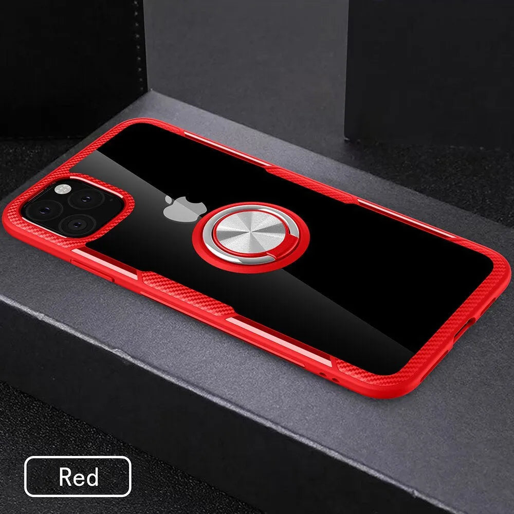 Black iPhone case with a built-in car holder arm on the back, shown next to a phone