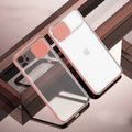Lens sliding iPhone case in multiple colours showing PC and TPU construction.