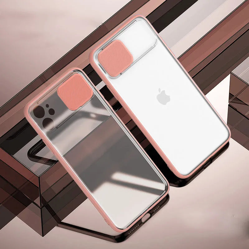 Lens sliding iPhone case in multiple colours showing PC and TPU construction.