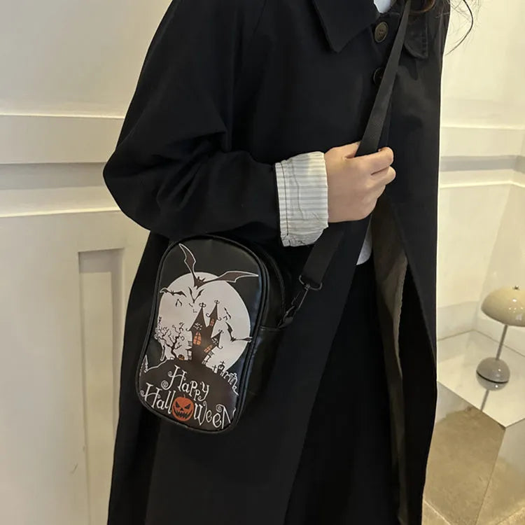 Halloween graffiti print mini crossbody bag with pumpkin ghost bat cartoon design in multiple colours